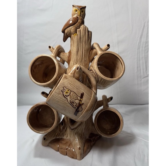 Vintage Owl In‎ Tree Coffee Mug Holder Ceramic Cottage Core Rustic - Picture 1 of 16